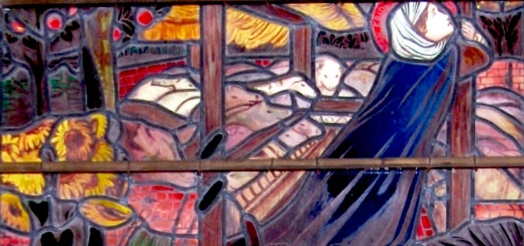 gros plan du vitrail représentant Sainte Frévisse à la cathédrale d'Oxford