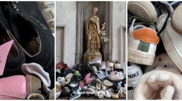 vue en gros plan des chaussures et petits mots laissés sur le tombeau d'Erkembode